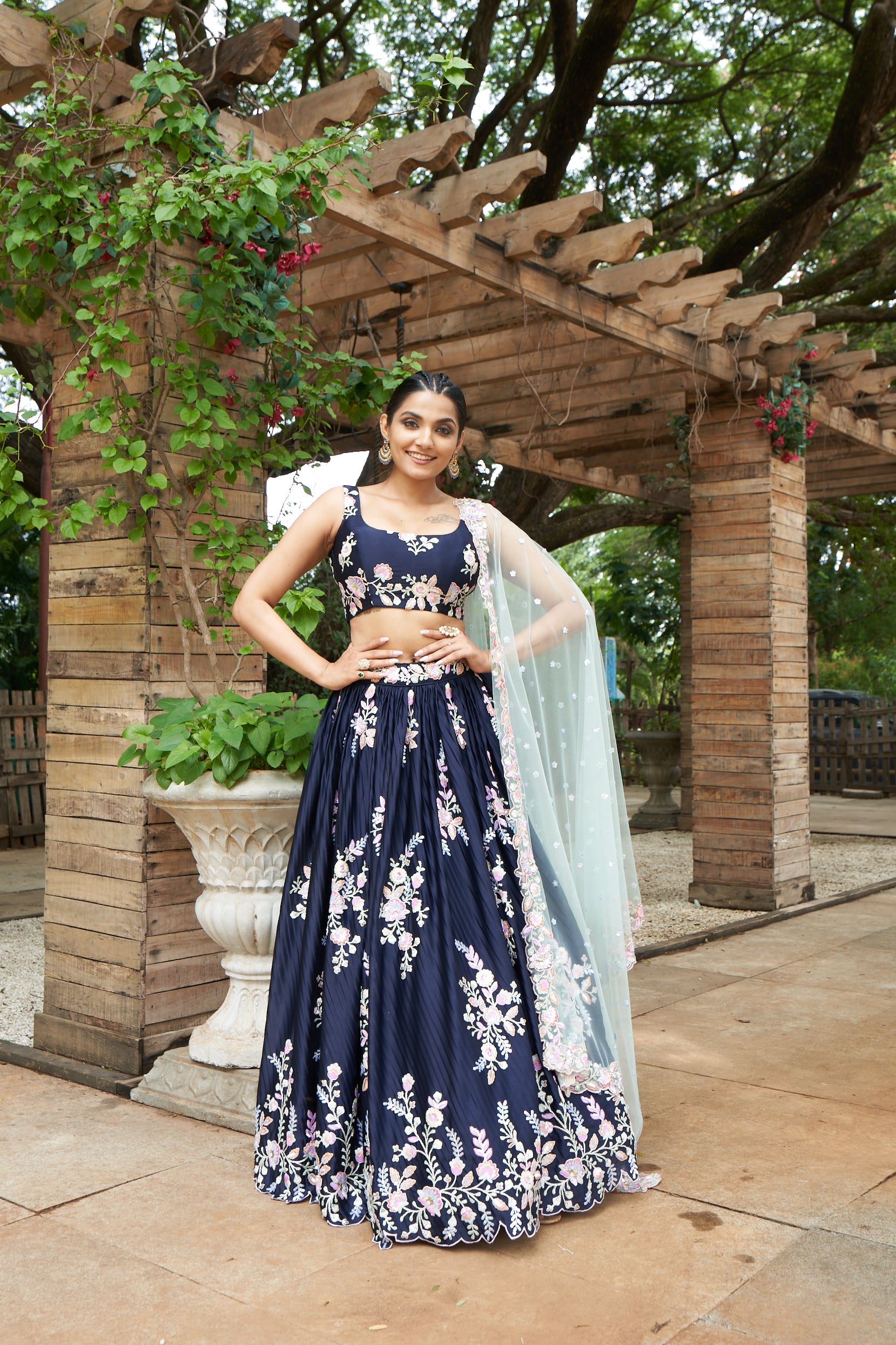 Women's Navy Blue Pure Georgette Thread & Sequinse Work Fully Stitched Lehenga & Fully Stitched Blouse, Dupatta - Royal Dwells