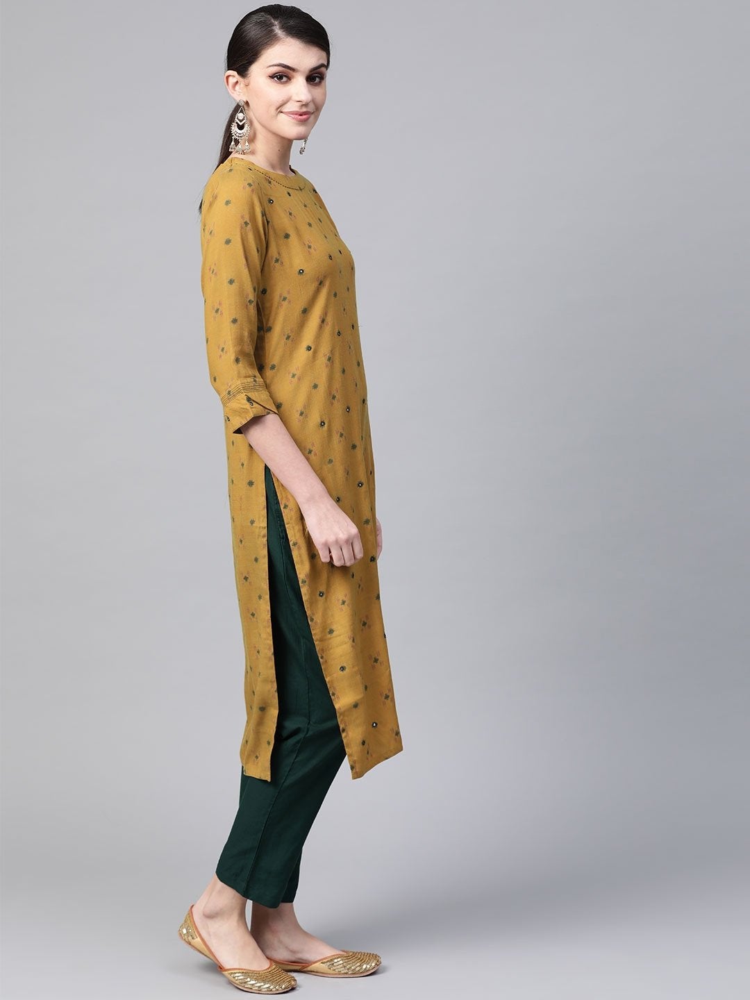 Women's Mustard Yellow & Green Woven Design Kurta with Trousers - Meeranshi