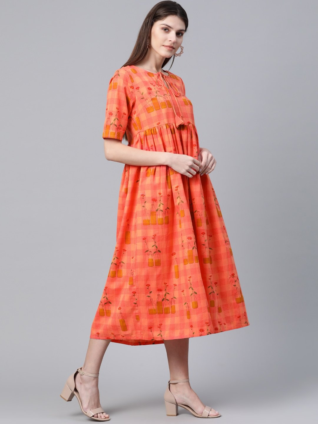 Women's  Peach-Coloured Checked with Conversational Printed A-Line Dress - AKS