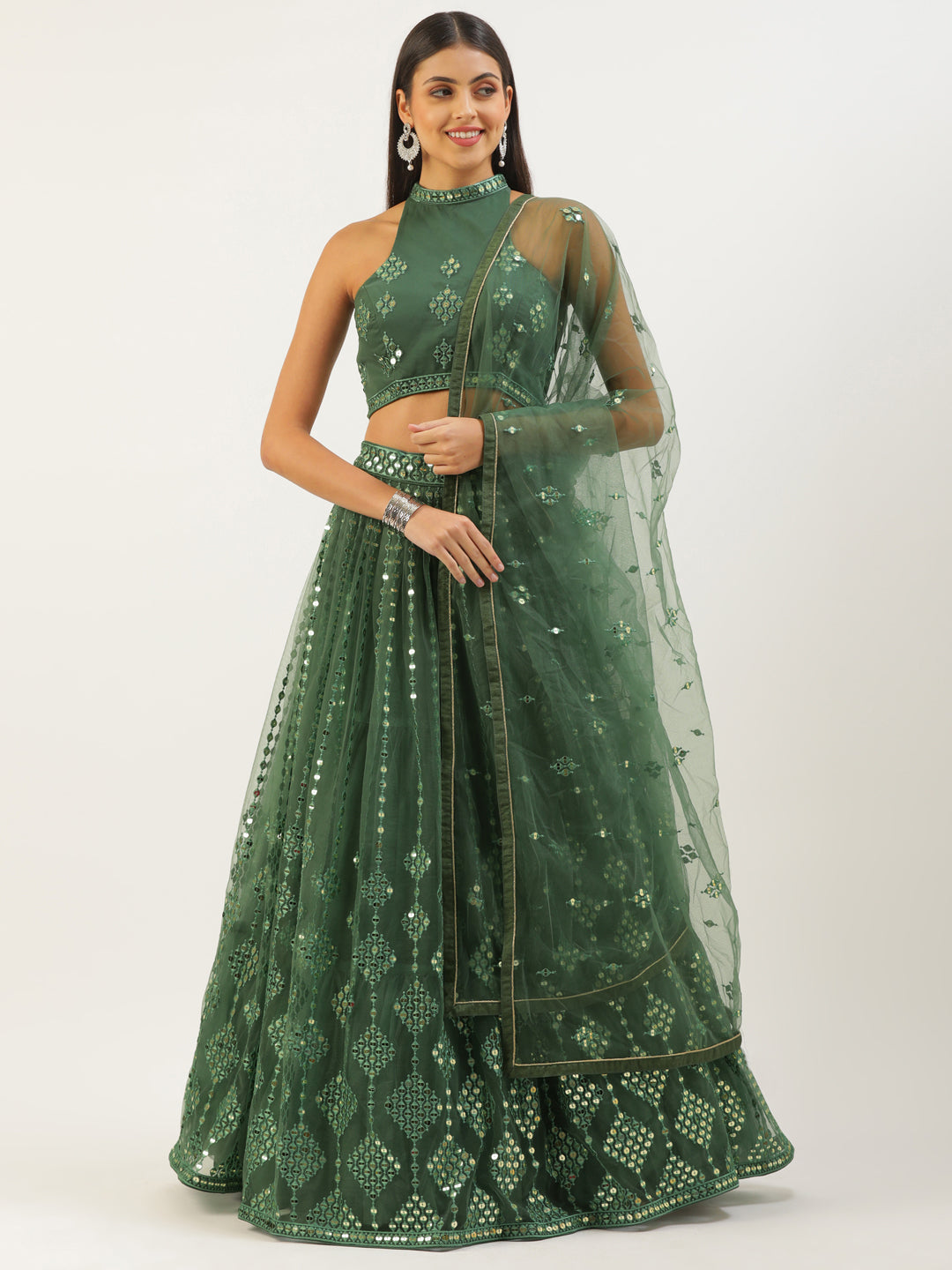 Women's Seagreen - Net Sequins Work Fully-Stitched Lehenga - Royal Dwells