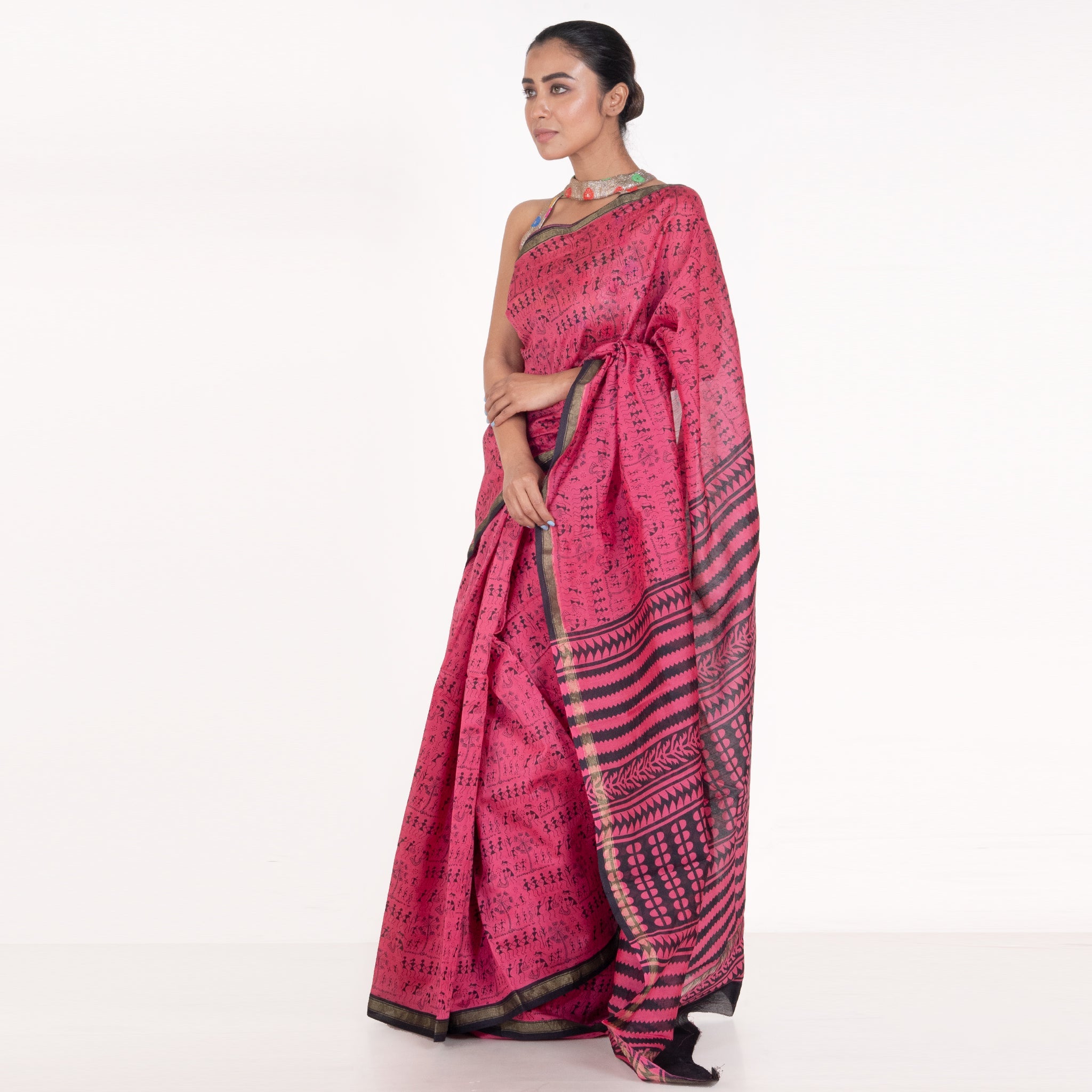 Women's Pink Cotton Silk Chanderi Saree With Black Warli Print - Boveee