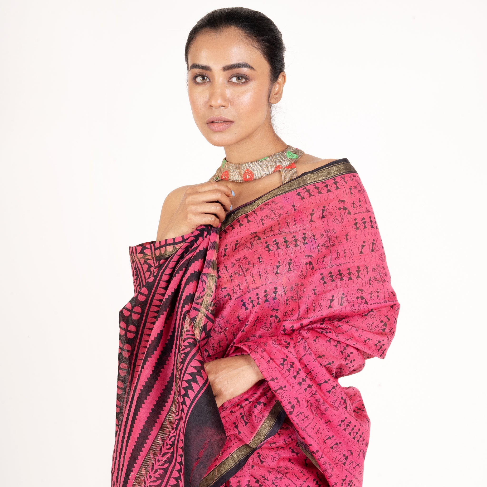 Women's Pink Cotton Silk Chanderi Saree With Black Warli Print - Boveee