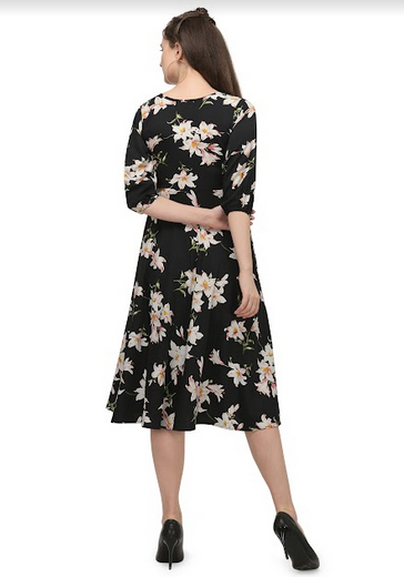Women's Black And White Floral Printed Long Maxi Dress - MESMORA FASHIONS