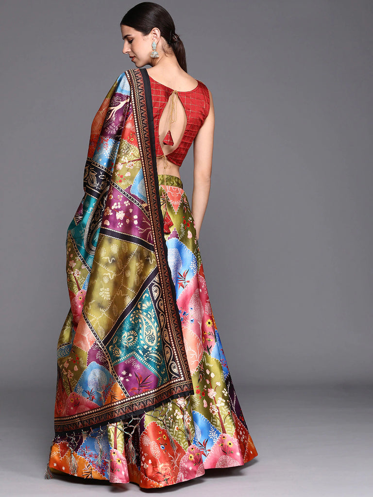 Women's Digital Print Shiney Satin Semistitched Lehenga Choli With Unstitched Blouse And Thred Work Dupatta