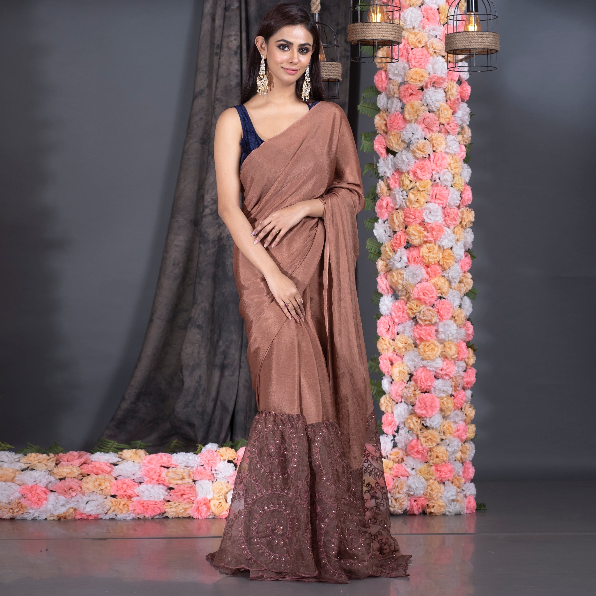 Women's Brown Chiffon Saree With Embroidered Organza Gathered Pleate And Pallu - Boveee