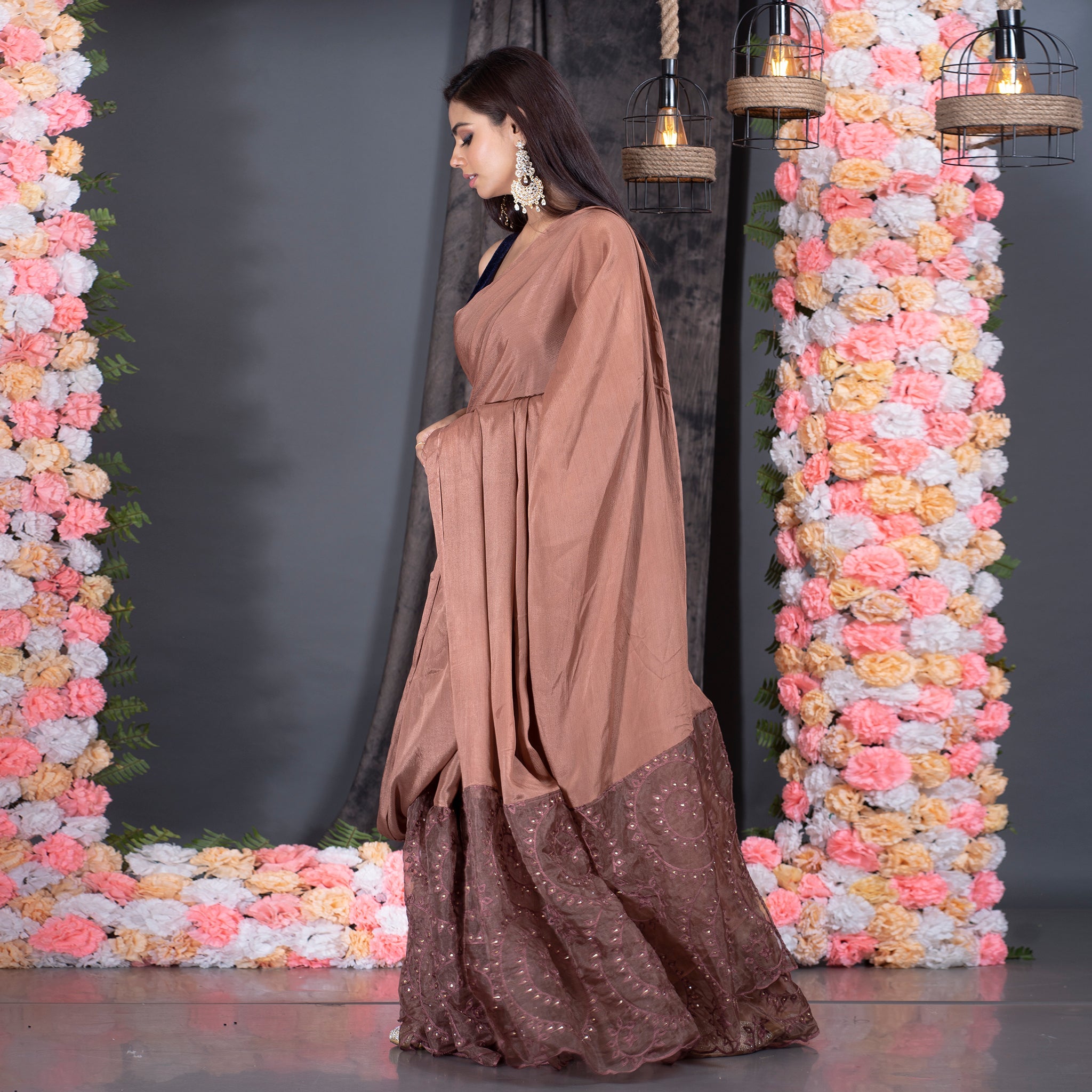 Women's Brown Chiffon Saree With Embroidered Organza Gathered Pleate And Pallu - Boveee