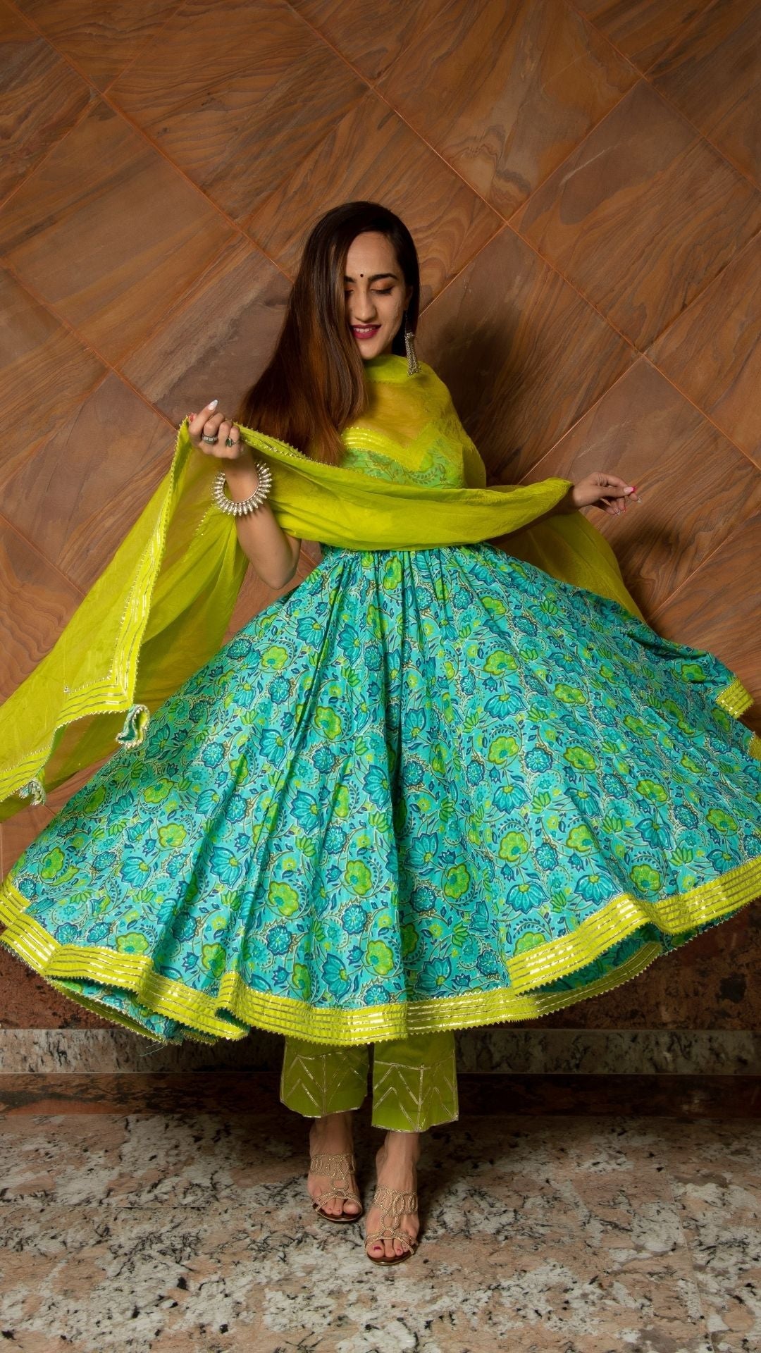 Women's Green Anarkali Suit Set with Pants & Dupatta by Pomcha Jaipur- (3pcs set)