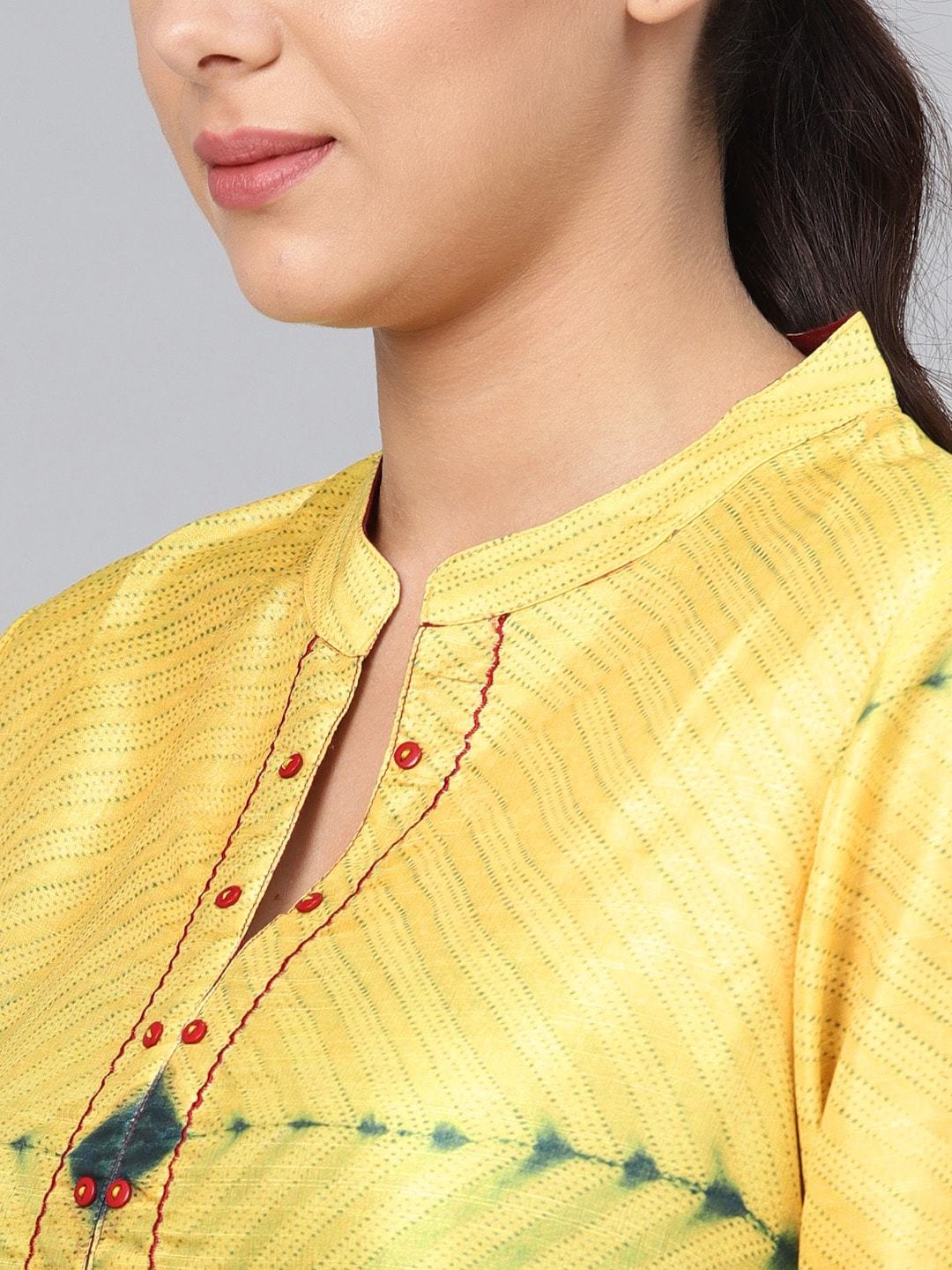 Women's Yellow & Green Dyed Effect Silk Straight Kurta - Meeranshi