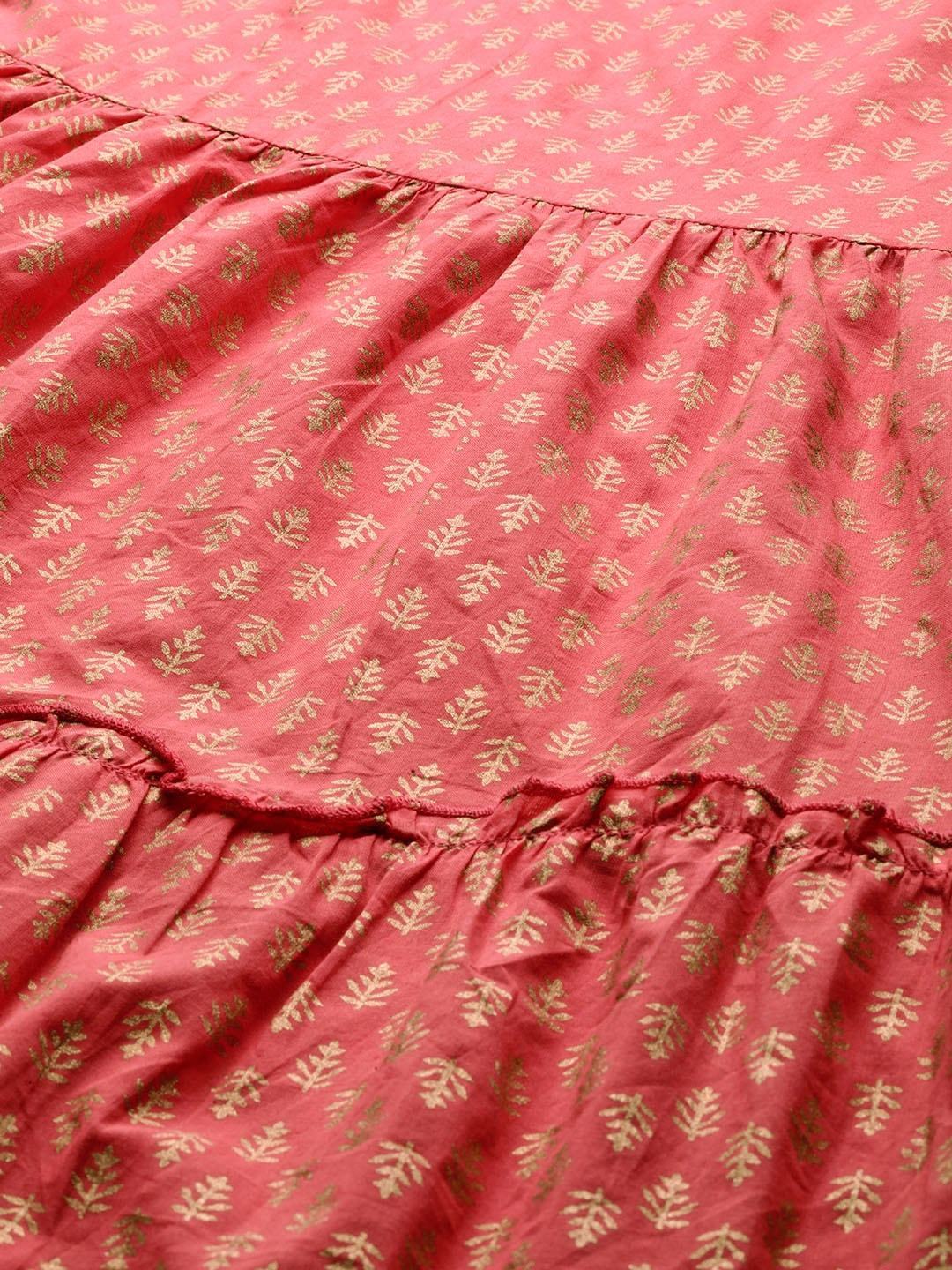 Women's  Pink & Golden Printed Tiered Maxi Dress - AKS