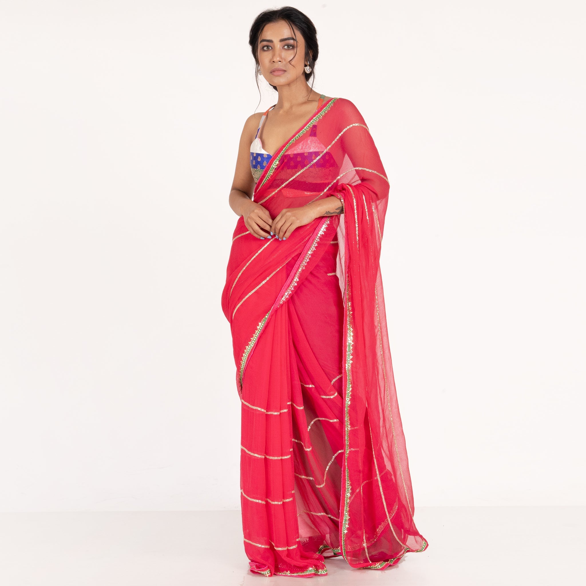 Women's Red Pure Chiffon Saree With Hand Embroidered Work Of Pearl And Beads - Boveee