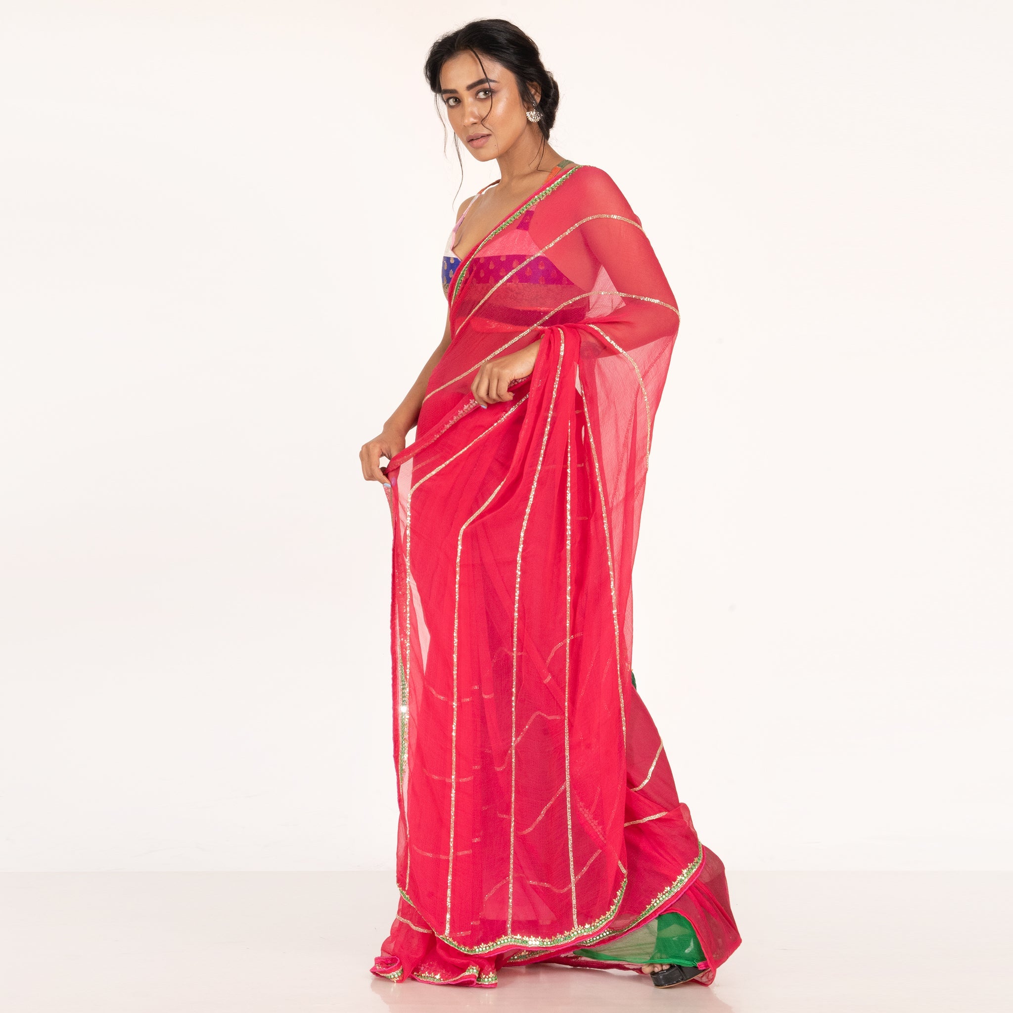 Women's Red Pure Chiffon Saree With Hand Embroidered Work Of Pearl And Beads - Boveee