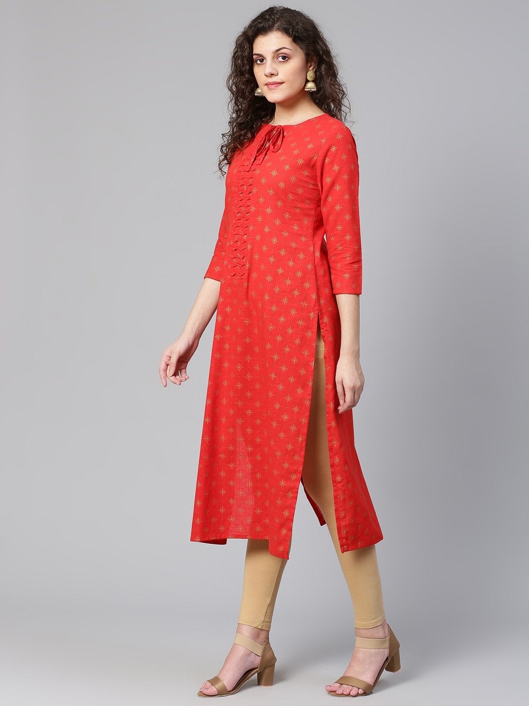 Women's Red & Golden Printed Straight Kurta - Meeranshi