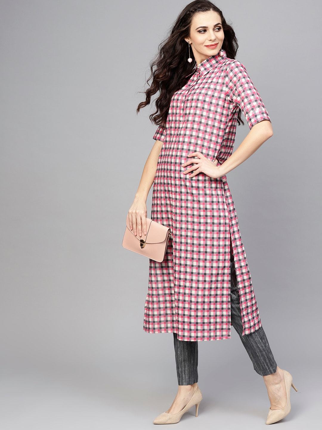 Women's  Pink & Grey Checked Kurta with Trousers - AKS