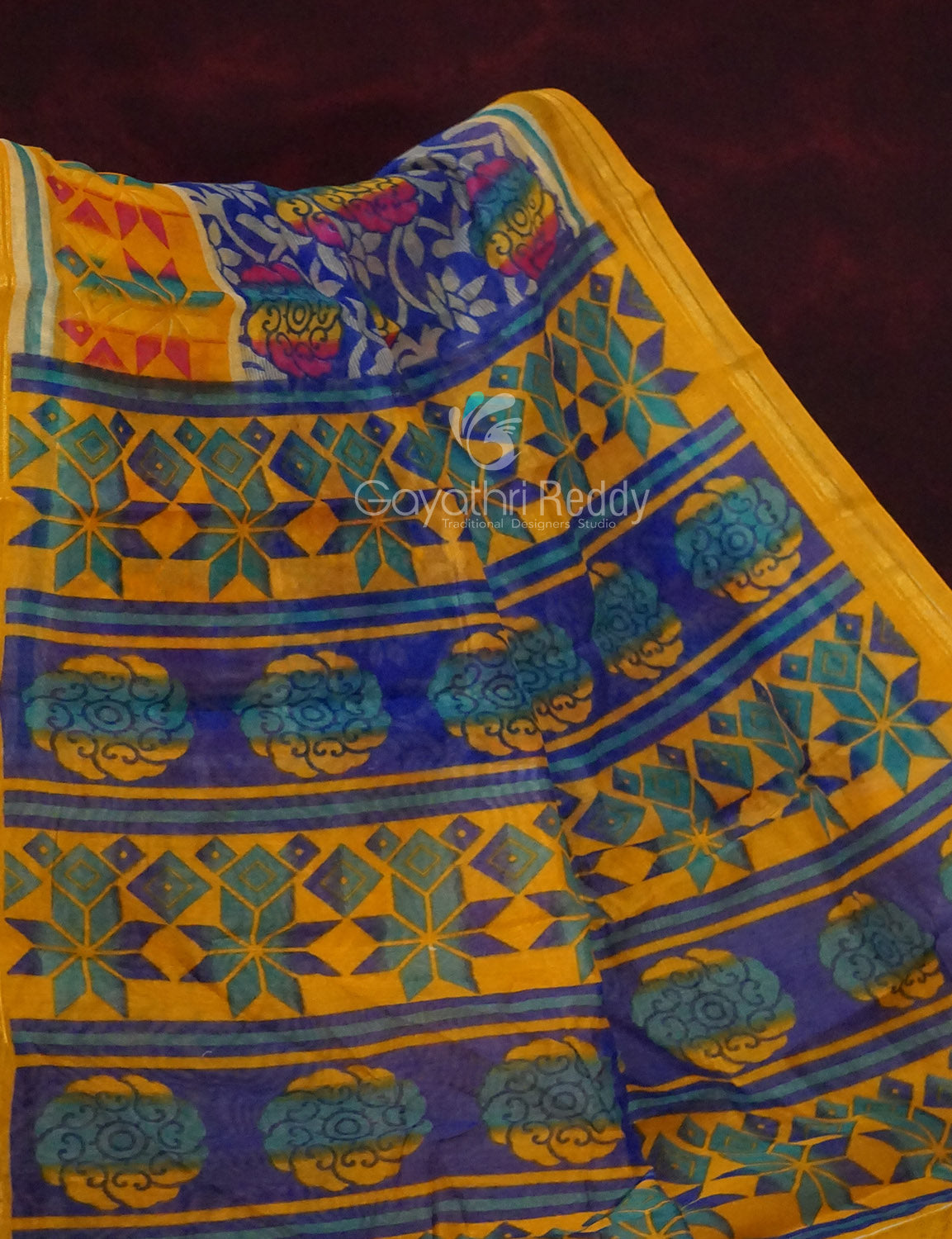 Women's Blue And Yellow Semi Chanderi Saree - Gayathri Sarees