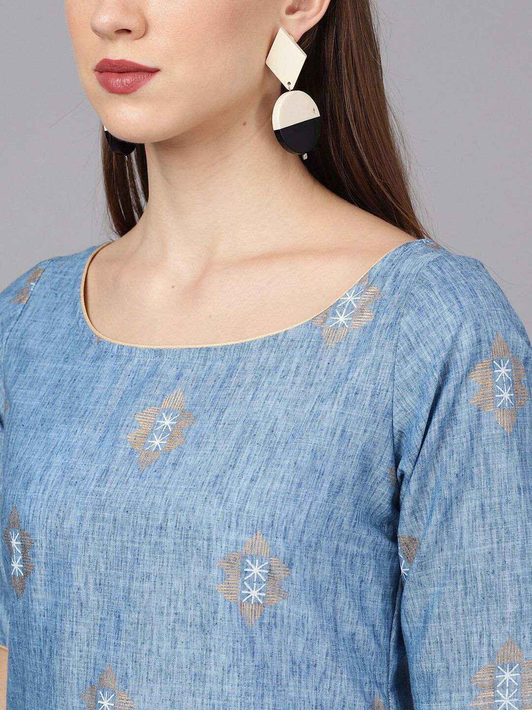 Women's  Blue & Gold-Coloured Printed Kurta with Trousers - AKS