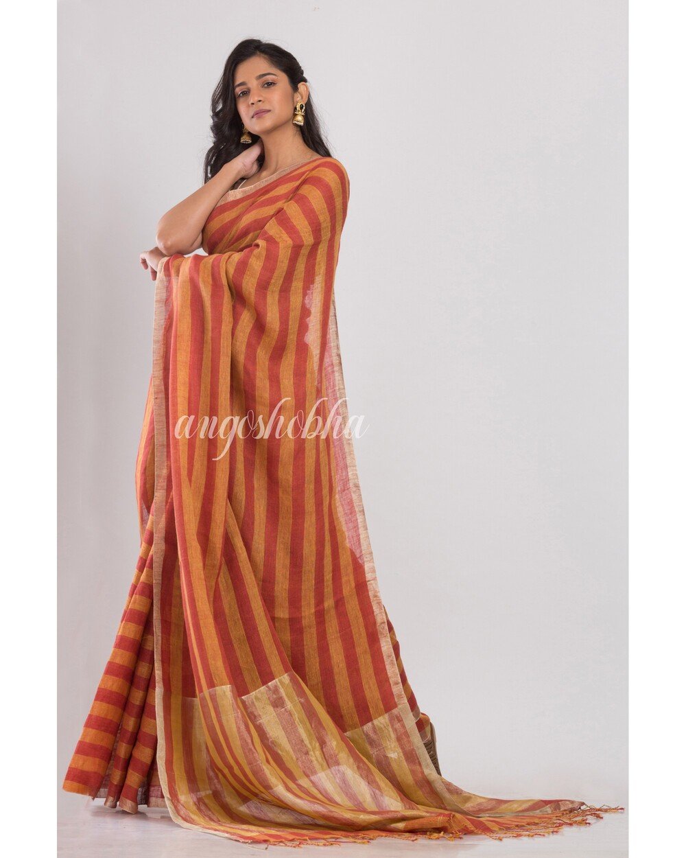 Women's Orange and red stripes handwoven linen saree - Angoshobha