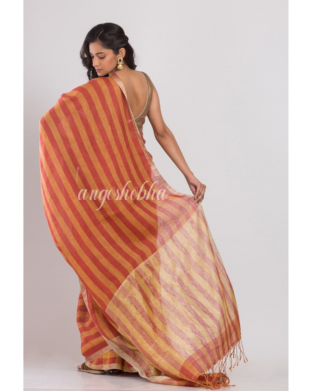 Women's Orange and red stripes handwoven linen saree - Angoshobha
