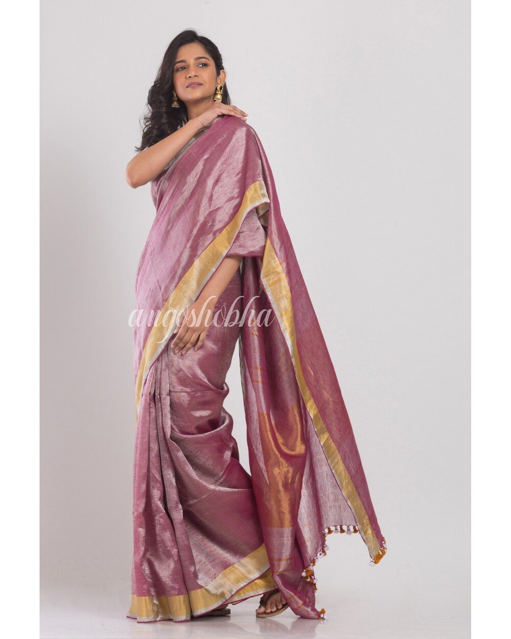 Women's Silver Purple Handwoven Linen Tissue Saree - Angoshobha