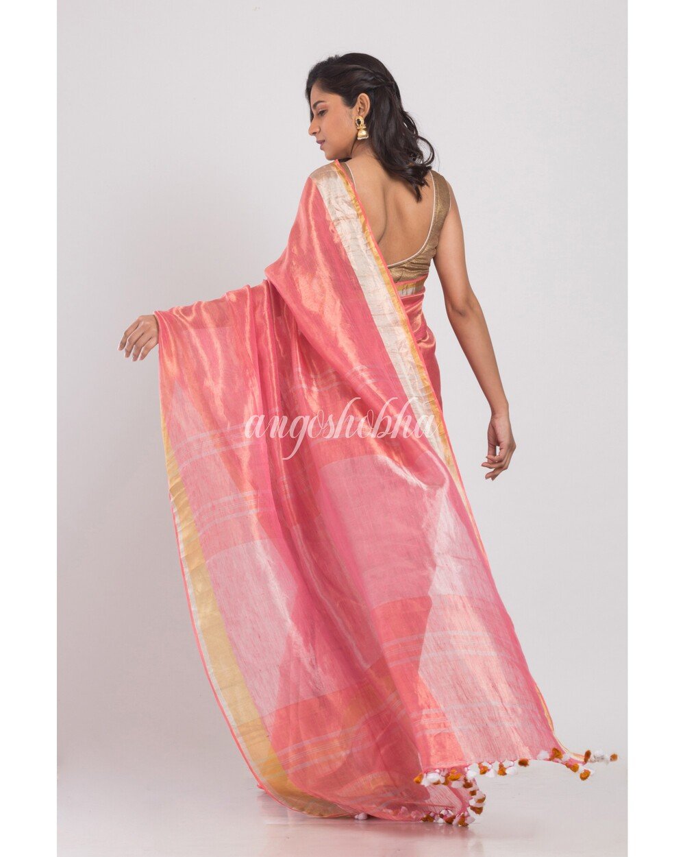 Women's Gold Silver Pink Handwoven Linen Tissue Saree - Angoshobha