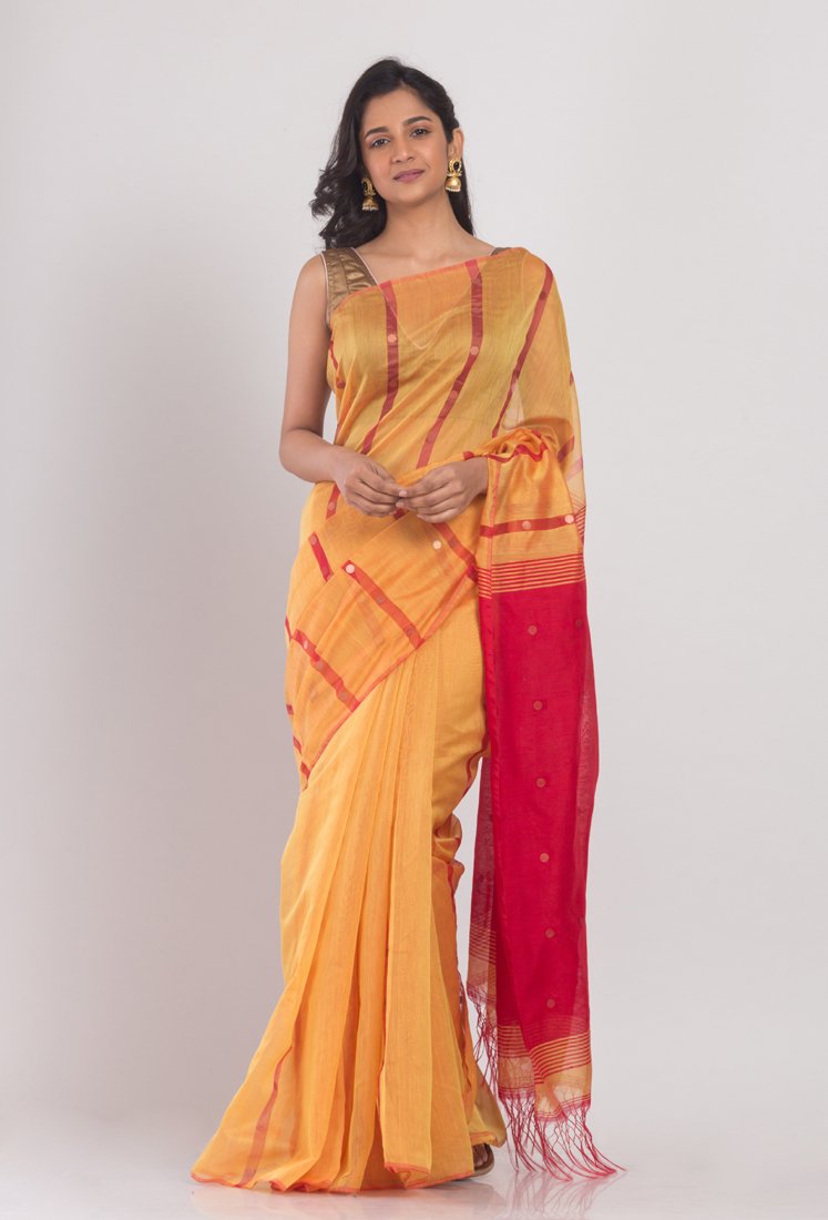 Women's Yellow cotton silk handloom saree - Angoshobha