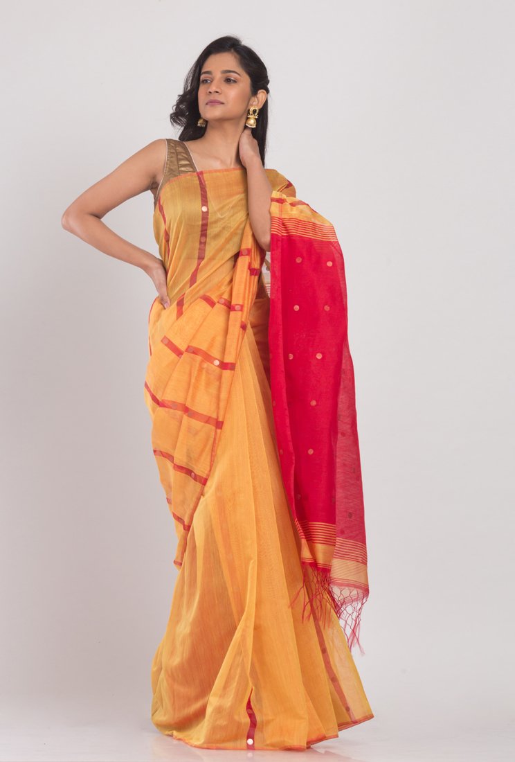 Women's Yellow cotton silk handloom saree - Angoshobha