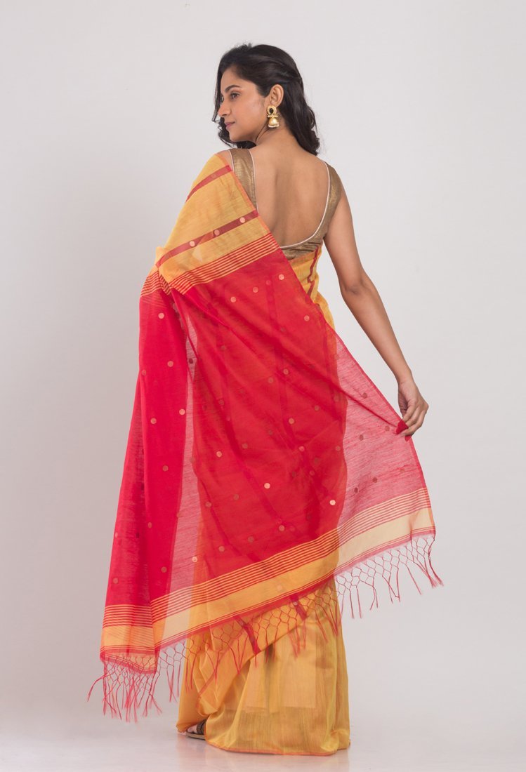 Women's Yellow cotton silk handloom saree - Angoshobha