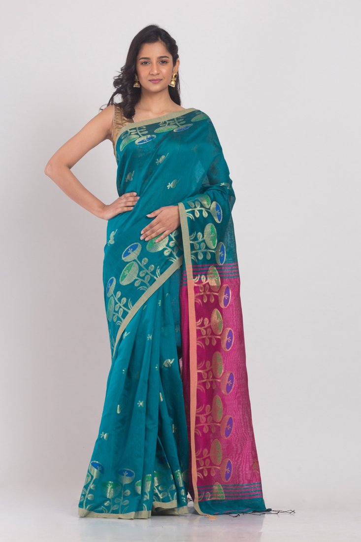 Women's All Over Jecquard Jori Work teal Handloom Saree - Angoshobha