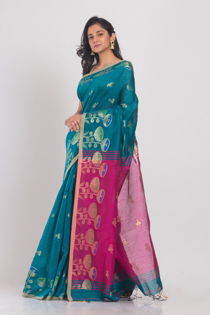 Women's All Over Jecquard Jori Work teal Handloom Saree - Angoshobha