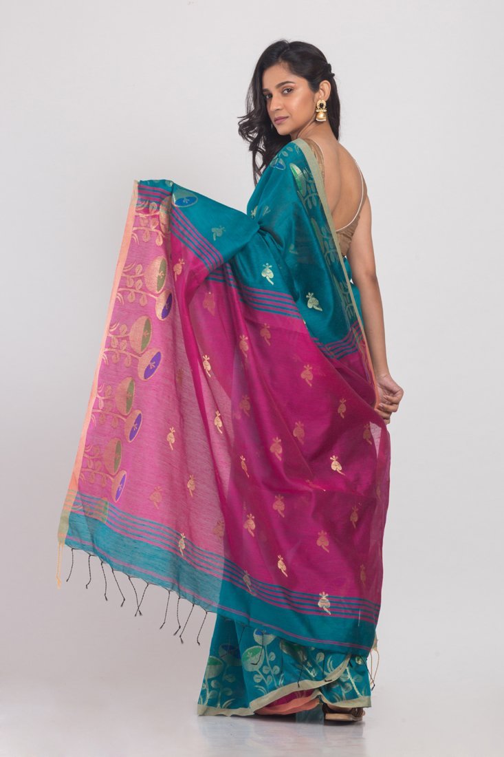 Women's All Over Jecquard Jori Work teal Handloom Saree - Angoshobha