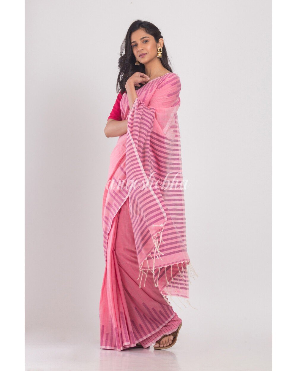 Women's Pink Temple Border Cotton Saree - Angoshobha