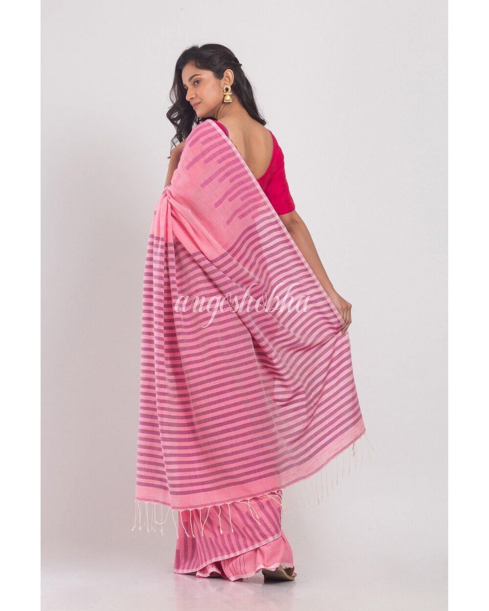 Women's Pink Temple Border Cotton Saree - Angoshobha