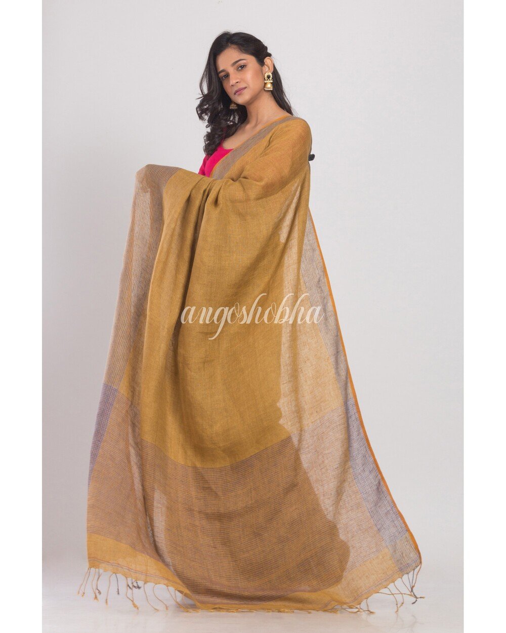 Women's Mustard Brown Handwoven Linen Saree - Angoshobha