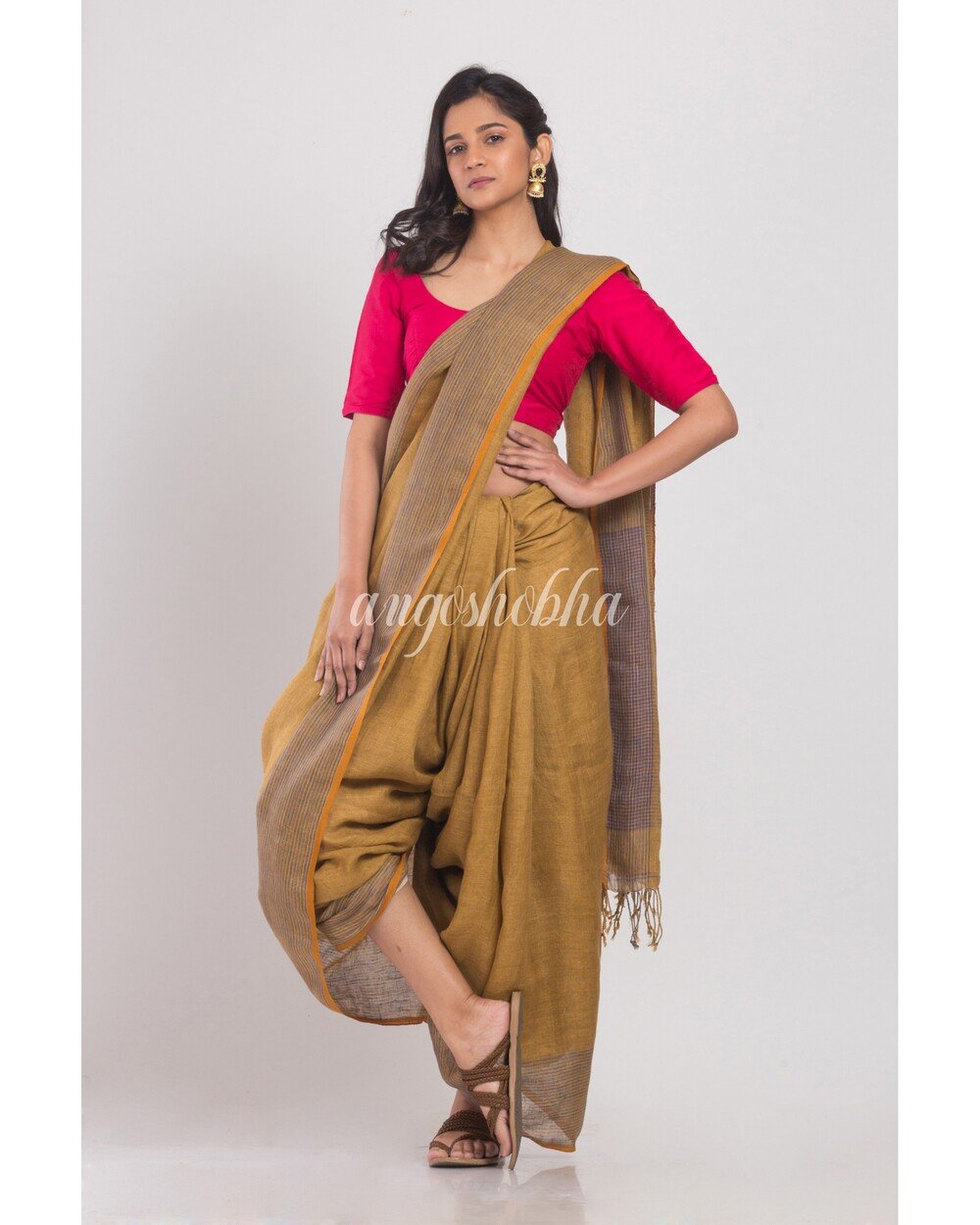 Women's Mustard Brown Handwoven Linen Saree - Angoshobha