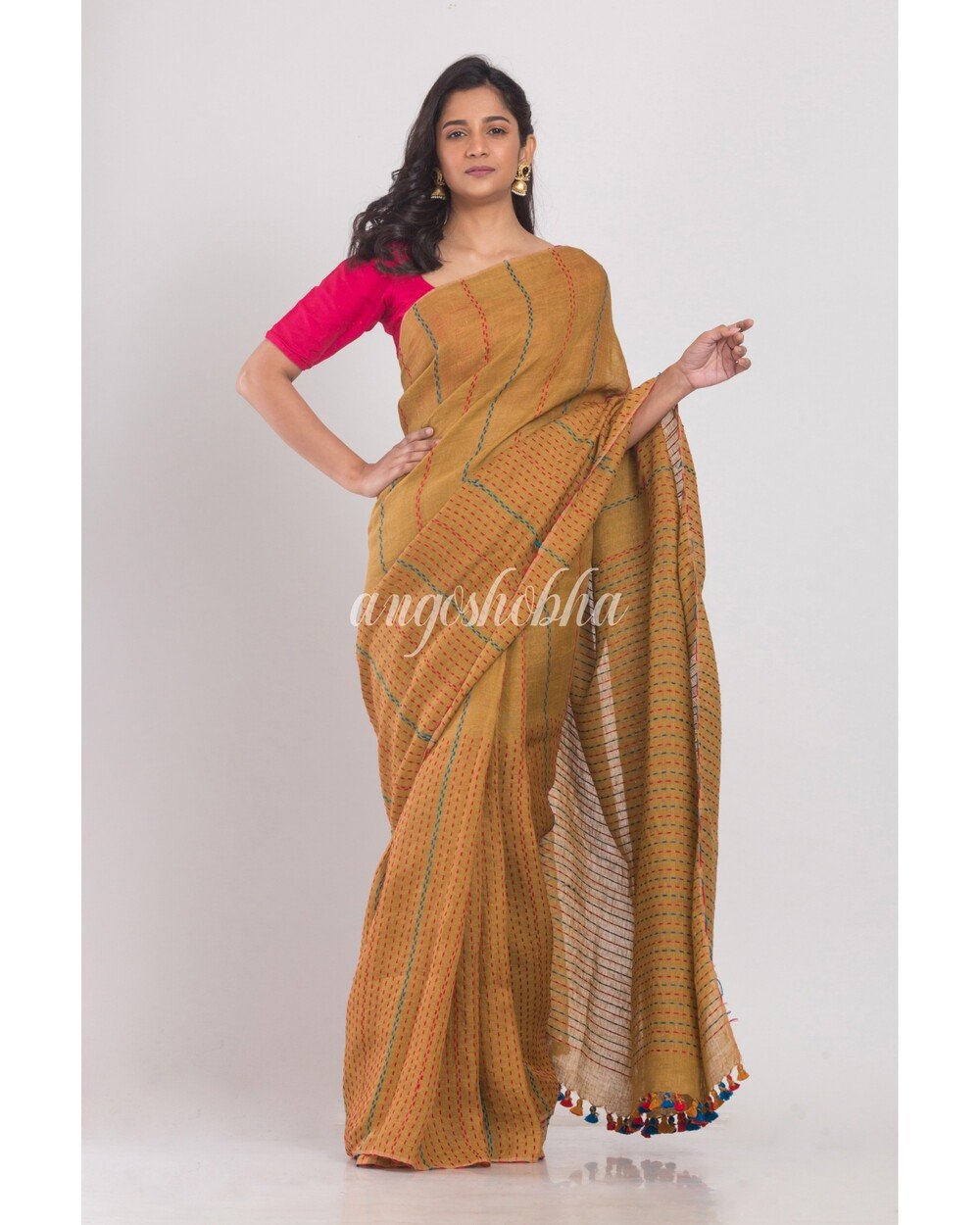 Women's Mustard brown handwoven linen saree - Angoshobha