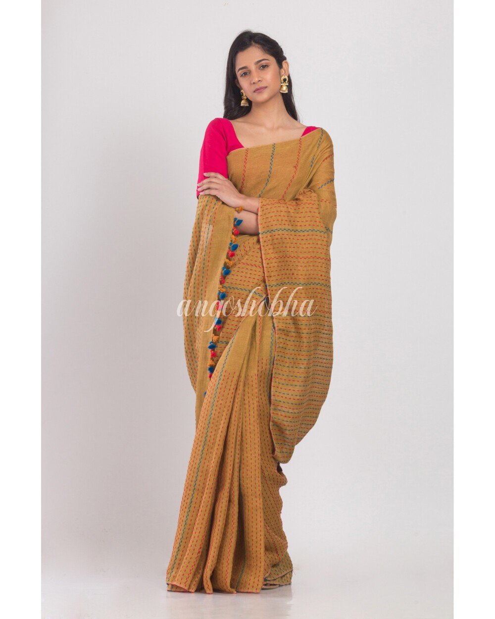 Women's Mustard brown handwoven linen saree - Angoshobha