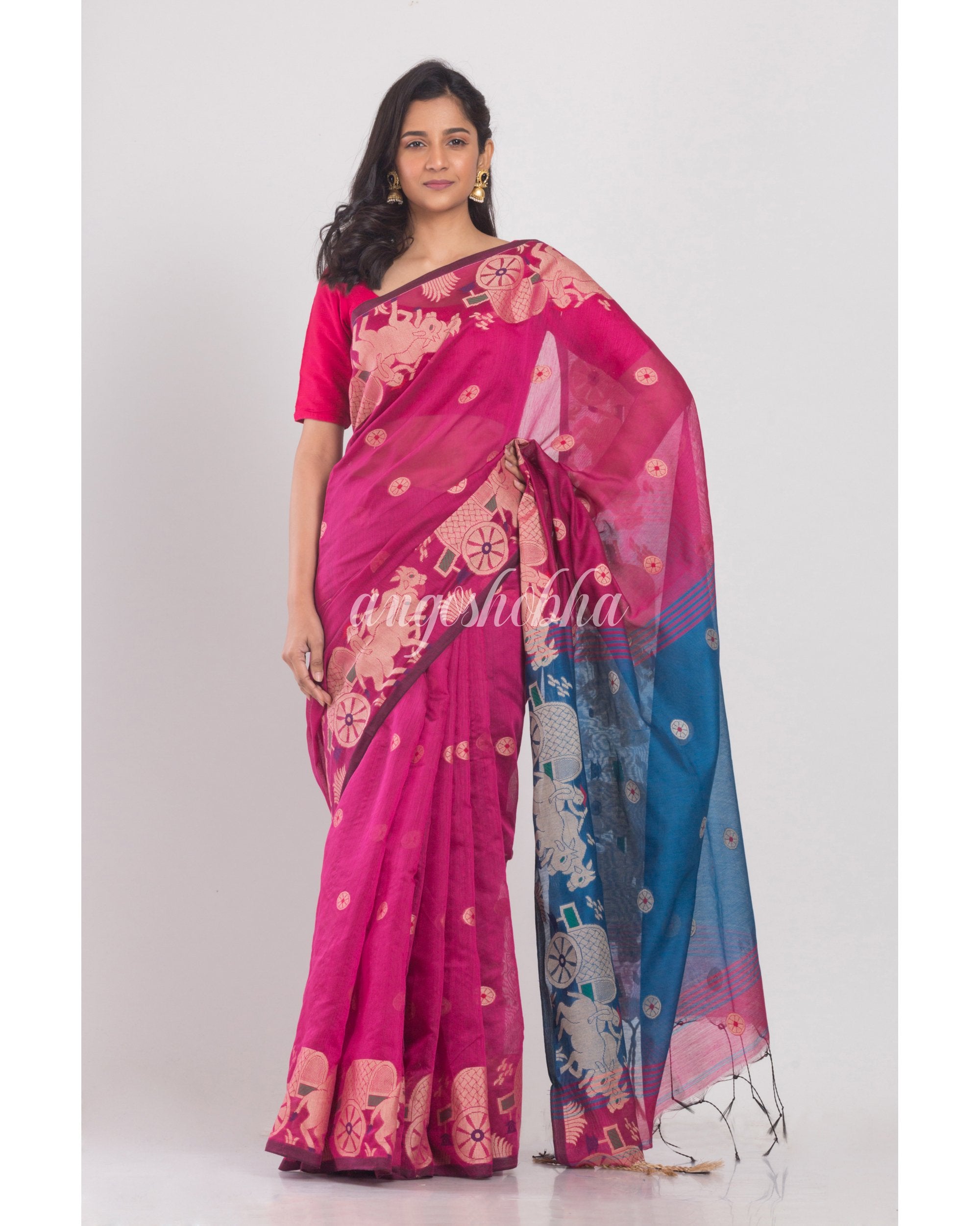 Women's Rani Pink Handloom Saree - Angoshobha