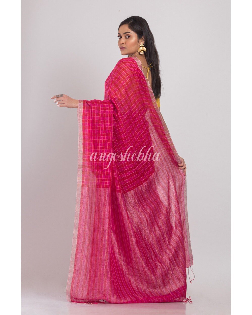 Women's Pink Handwoven Linen Saree - Angoshobha