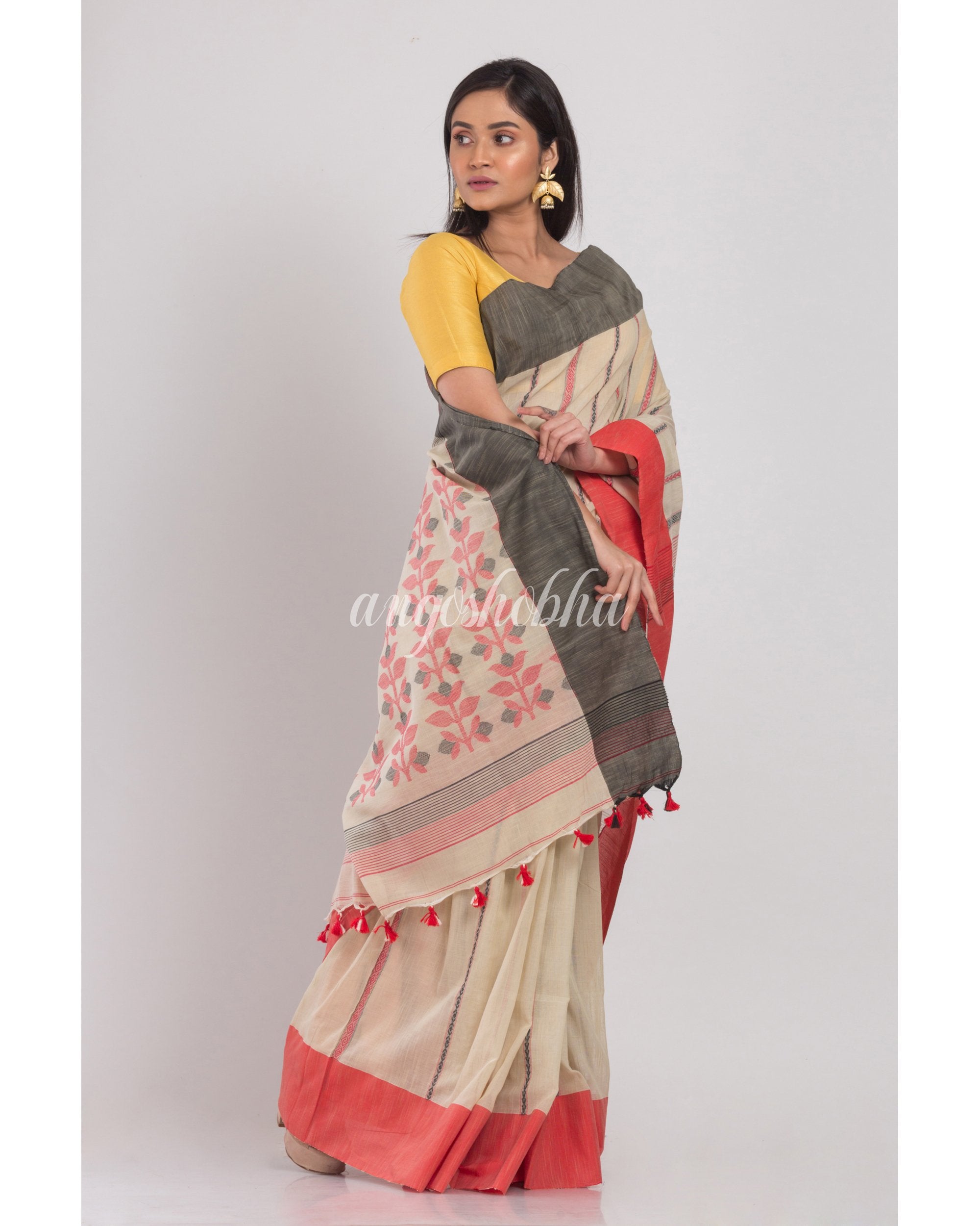 Women's Ash Grey Handloom Cotton Saree - Angoshobha