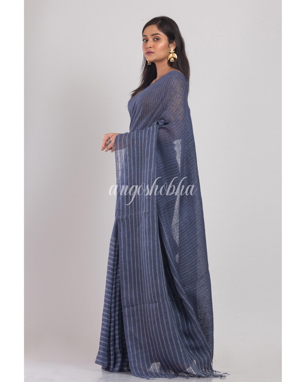 Women's Blue Grey handwoven Linen Saree - Angoshobha