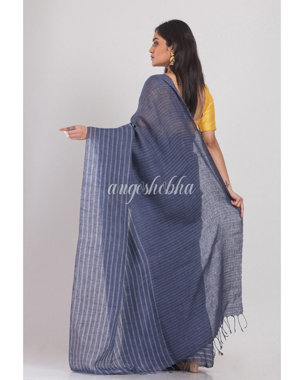 Women's Blue Grey handwoven Linen Saree - Angoshobha