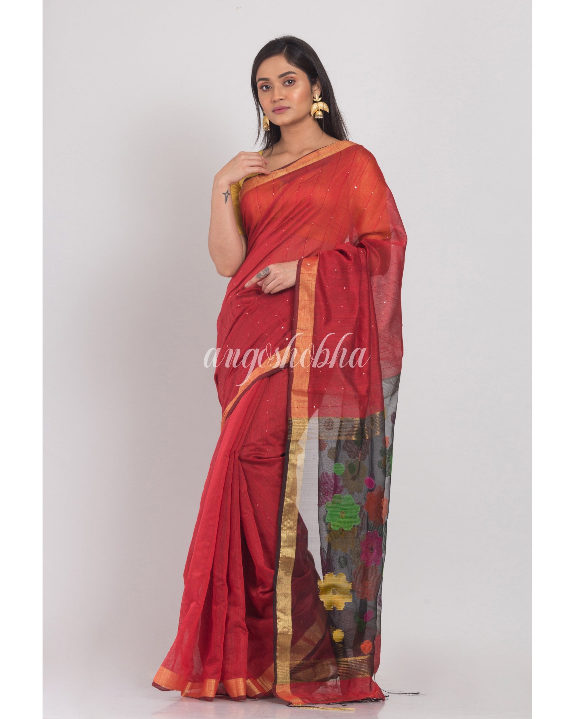 Women's Maroon Handloom Cotton Silk Saree - Angoshobha