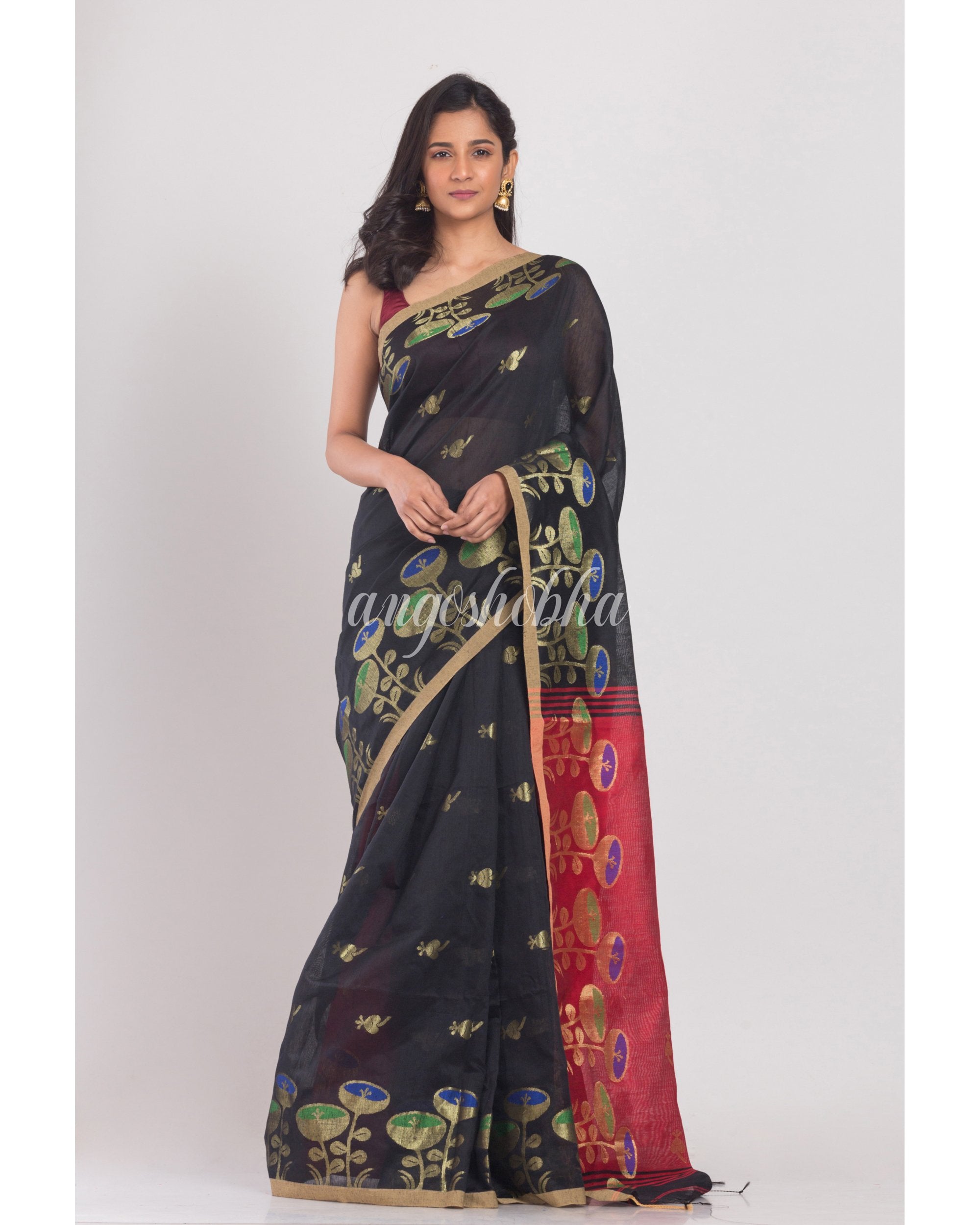 Women's Black Handloom Cotton Silk Saree - Angoshobha