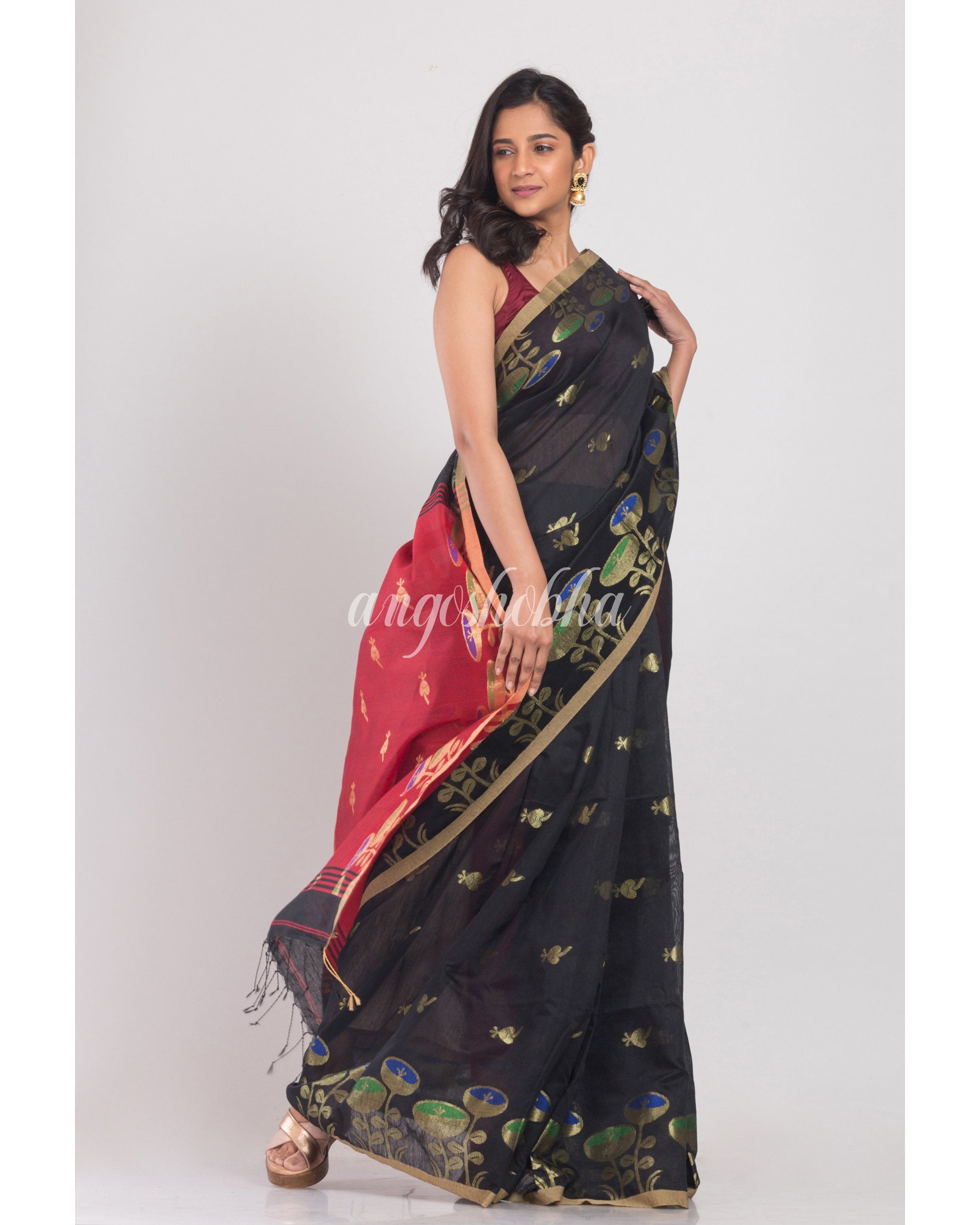 Women's Black Handloom Cotton Silk Saree - Angoshobha