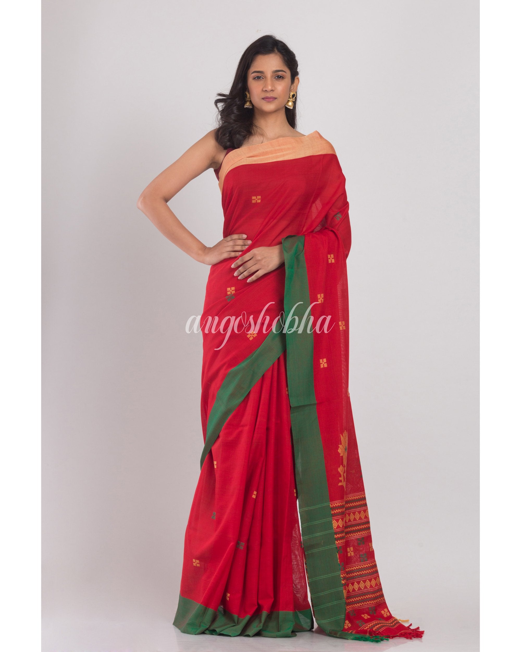 Women's Red Handloom Cotton Saree - Angoshobha