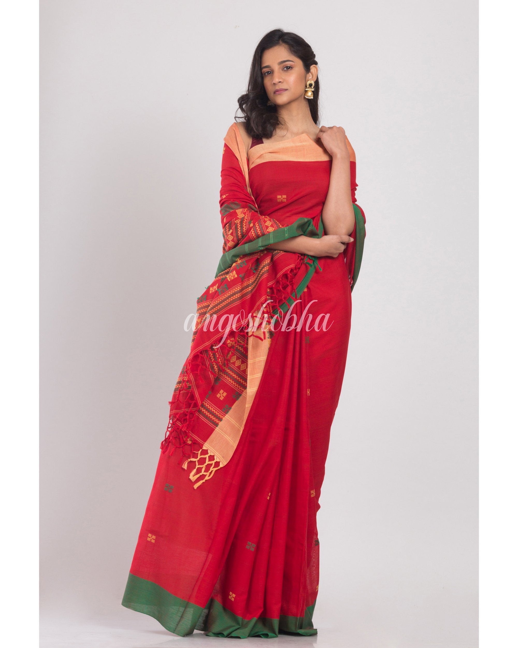 Women's Red Handloom Cotton Saree - Angoshobha