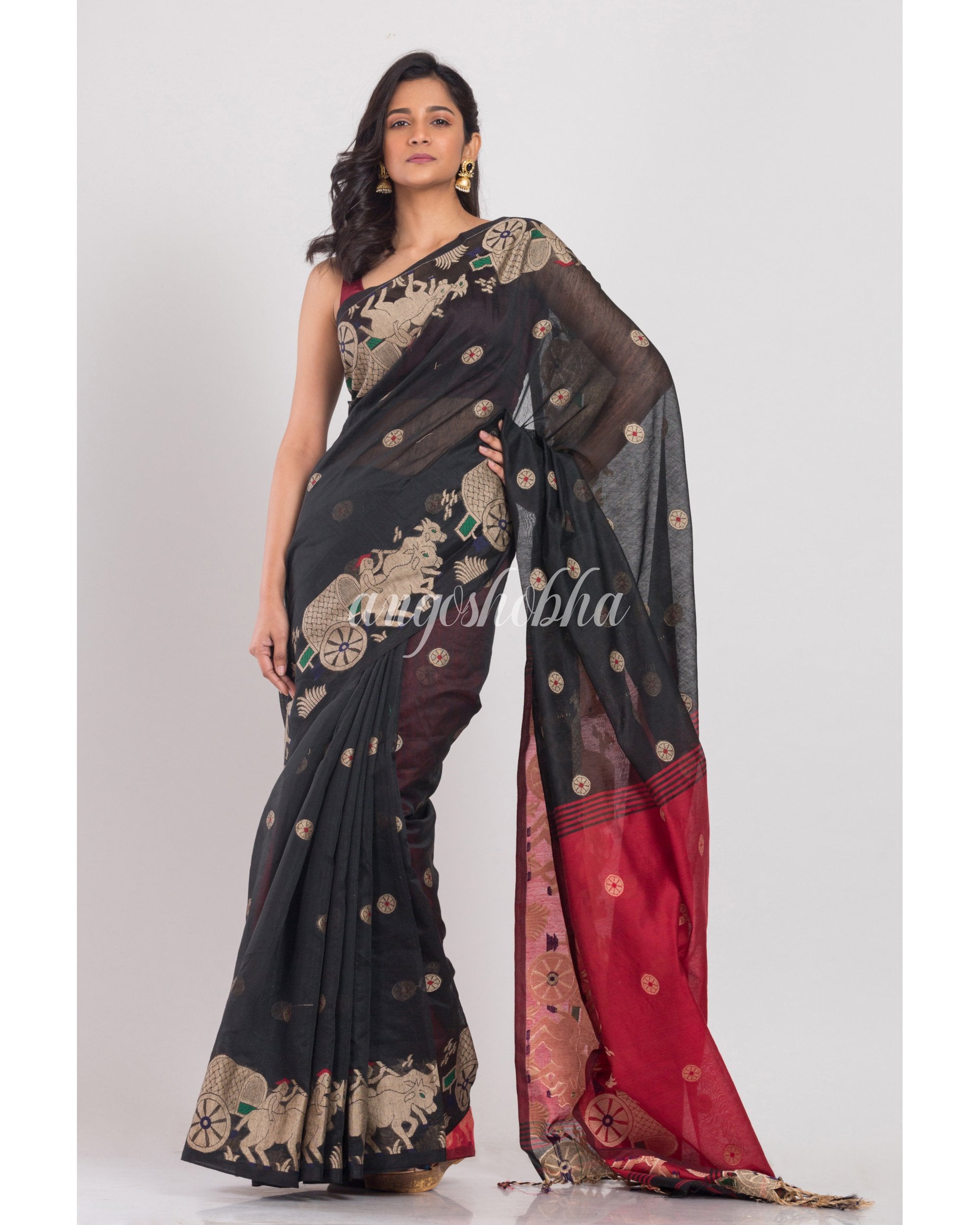 Women's Black Handloom Blended Cotton Saree - Angoshobha