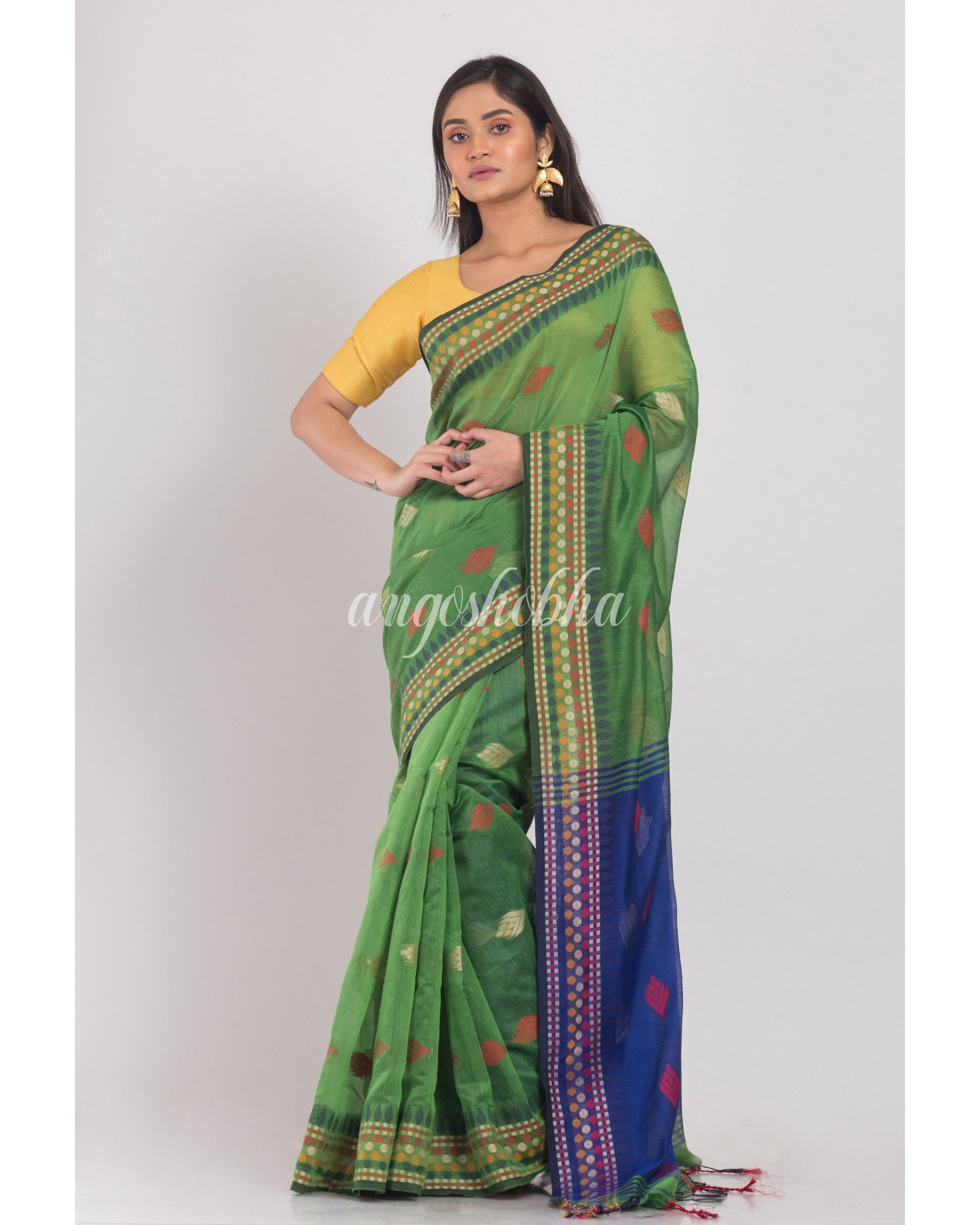 Women's Green Handloom Blended Cotton Saree - Angoshobha
