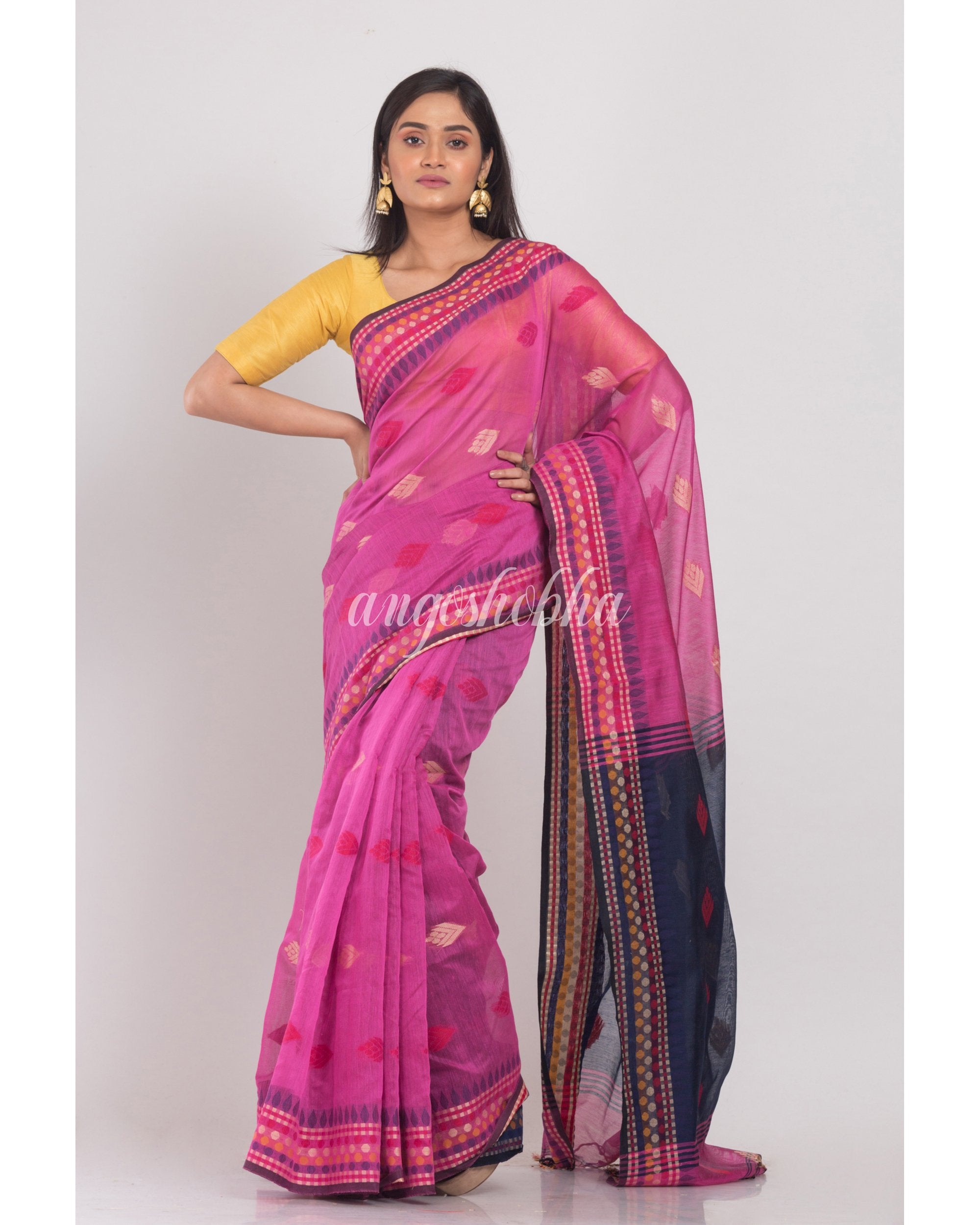 Women's Pink Handloom Blended Cotton Saree - Angoshobha