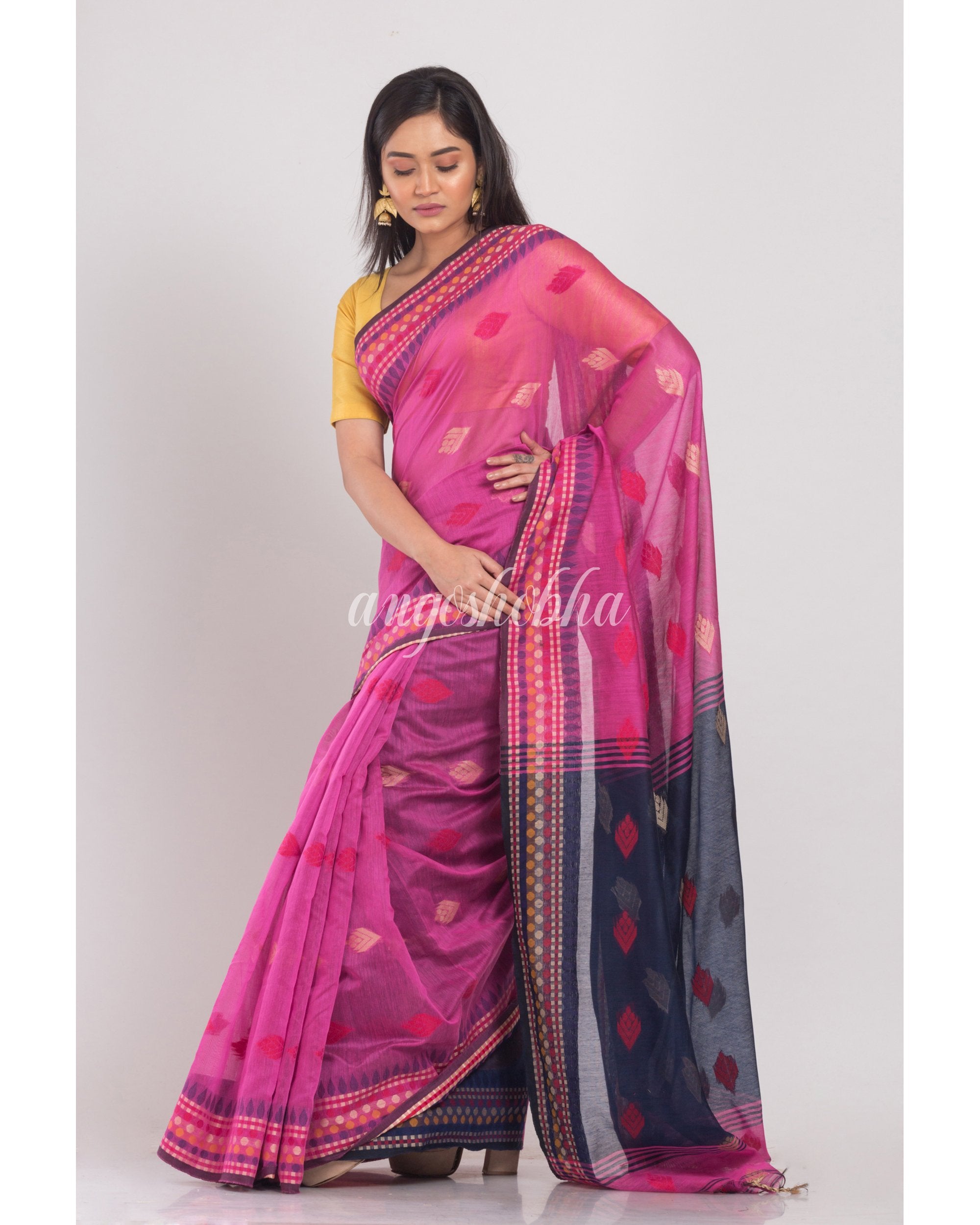 Women's Pink Handloom Blended Cotton Saree - Angoshobha