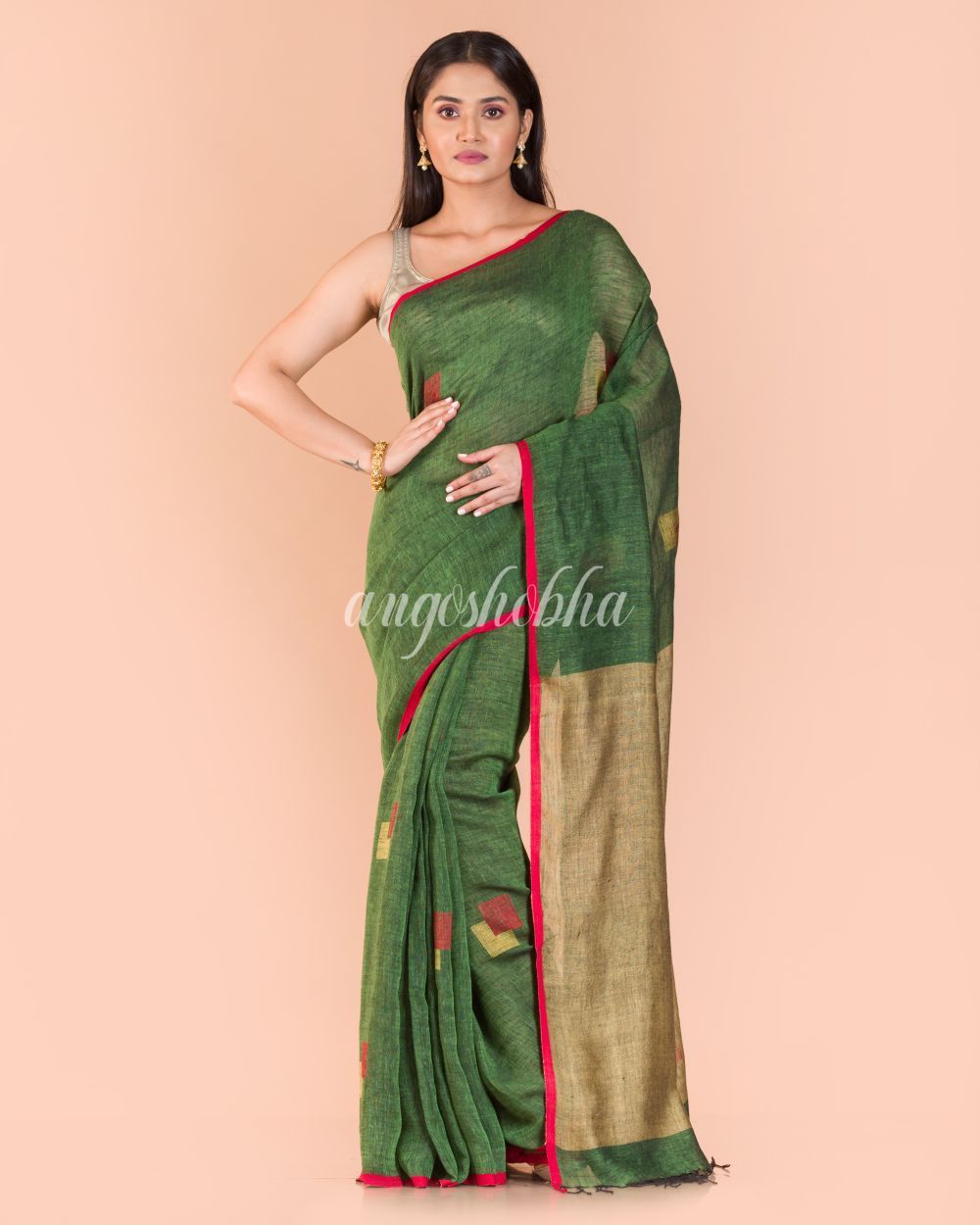 Women's Green Handwoven Linen Saree - Angoshobha